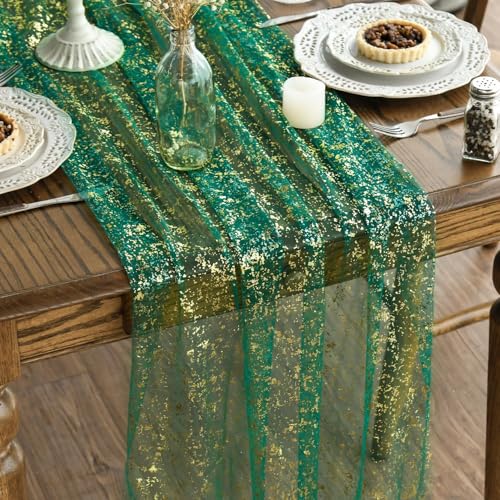 Artoid Mode Green Gold Gauze Table Runner 120 Inch 10FT, Glitter Metallic Foil Sheer Dining Wedding Anniversary Holiday Table Decor for Home Party - color: Green, size: 28" x 120"