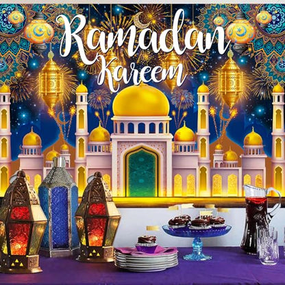 Ramadan Kareem Backdrop Banner Ramadan Mubarak Decorations Backdrop Eid Mubarak Photography Background for Muslim Al Fitr Party Decor Supplies (7x5FT（210x150cm）)