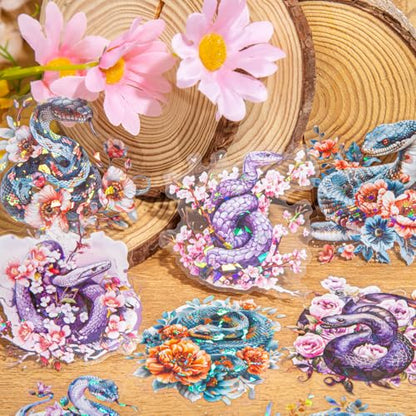 30-Pack Large Holographic Floral Snake Reptile Clear Scrapbook Stickers – Vibrant Serpent Decals with Flowers for Journals, Laptops, Water Bottles, Resin Art Projects - color: Floral Snake