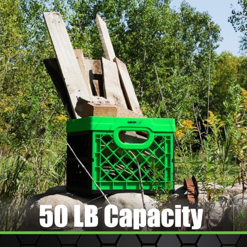 Grip Folding Stackable Storage Bin, Grn, 6 Gallon - Dimensions: 13" x 13" x 11" - Milk Crate - Capacity: 50 lbs - Heavy Duty Plastic - Collapsible Crate for Sporting Goods, Toys, Pool Toys, Files