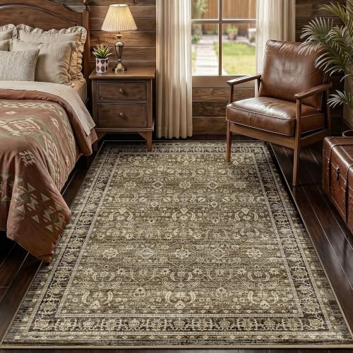 Brown Farmhouse Area Rugs 3x5, Washable Upgraded Non-Slip Vintage Distressed Rug, Low Pile Print Pattern Carpet for Living Room, Entryway, Bedroom, Kitchen, Office, Bathroom, Walnut Taupe - color: Walnut Taupe, size: 3' x 5' (Rectangular)