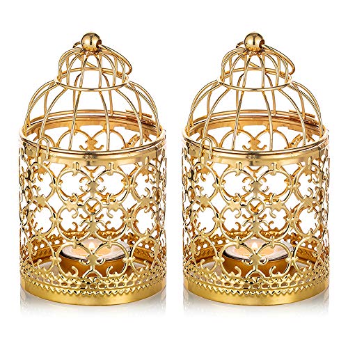2 Pcs Small Metal Tealight Hanging Birdcage Lantern, Vintage Decorative Centerpieces of Wedding, Party, Gold - color: Gold, size: 2Pcs