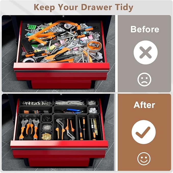 【𝟲𝗦𝗜𝗭𝗘 & 80PCS】A-LUGEI Tool Box Organizer【Fits 100+ Tools】 Black Garage Organization and Storage Tray Divider Set, Desk Drawer Organizer, Toolbox for Rolling Tool Chest Cart WorkBench Small Part