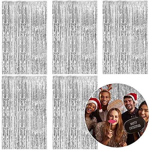 5 Pack Foil Curtain Backdrop Silver Metallic Tinsel Foil Fringe Curtains Photo Booth Props for Birthday Wedding Engagement Baby Shower Bachelorette Christmas Holiday Celebration Party Decorations - color: Silver, size: 5 Pcs