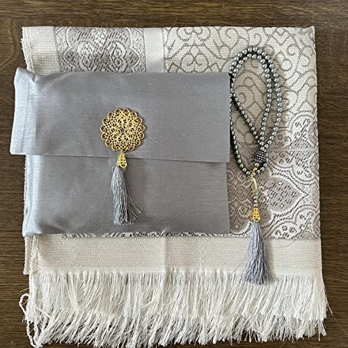 Muslim Prayer Rug, Bag & Yaseen Surah Pocket-Size Book, Bag & Prayer Beads Set I Perfect Islamic Gift I Prayer Rug Travel I Muslim for Men&Women | Luxury Islamic Gifts (1 Set, Grey) - color: Grey, size: 1 Set
