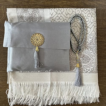 Muslim Prayer Rug, Bag & Yaseen Surah Pocket-Size Book, Bag & Prayer Beads Set I Perfect Islamic Gift I Prayer Rug Travel I Muslim for Men&Women | Luxury Islamic Gifts (1 Set, Grey) - color: Grey, size: 1 Set