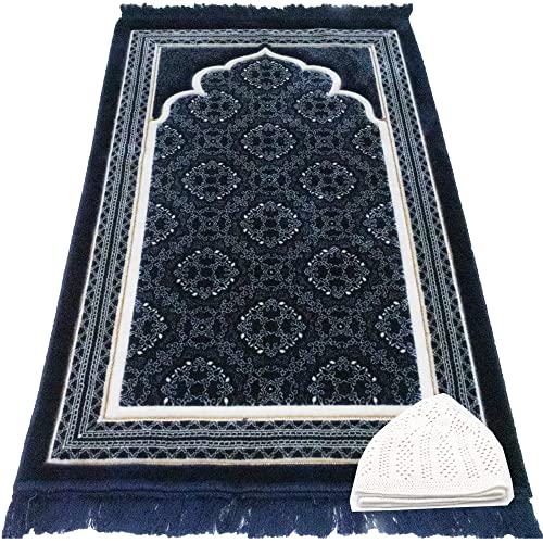 Modefa Turkish Islamic Prayer Rug - Soft Velvet Janamaz Praying Carpet - Comfortable Muslim Praying Mat for Men & Women - Ramadan or Eid Gift - with Kufi Prayer Cap - Elegant Swirl (Dark Blue) - color: Dark Blue