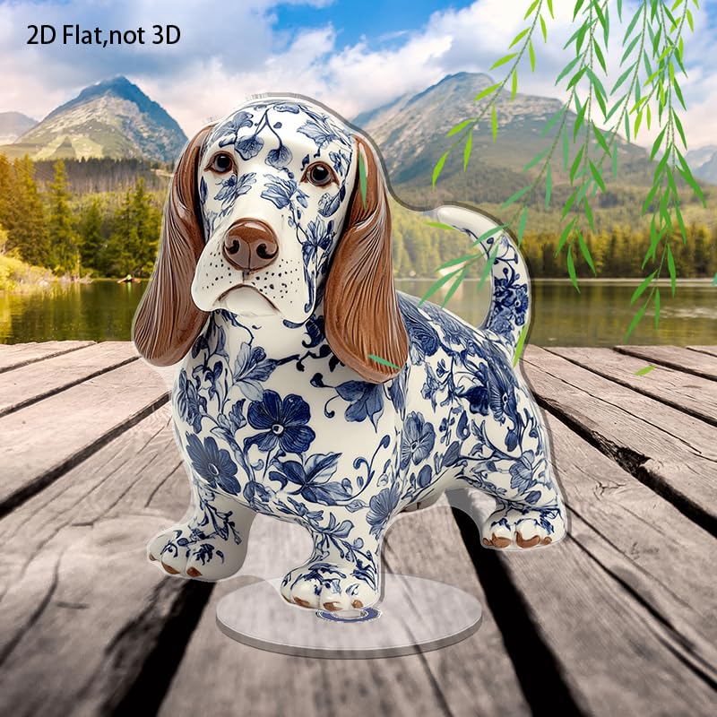 YLUYINOM 2D Flat Acrylic Display Plaque, Detailed Basset Hound Figurine with Blue Floral Patterns Featuring Realistic Facial Features and Glossy Finish. Rotatable, with Base - color: Picture 18