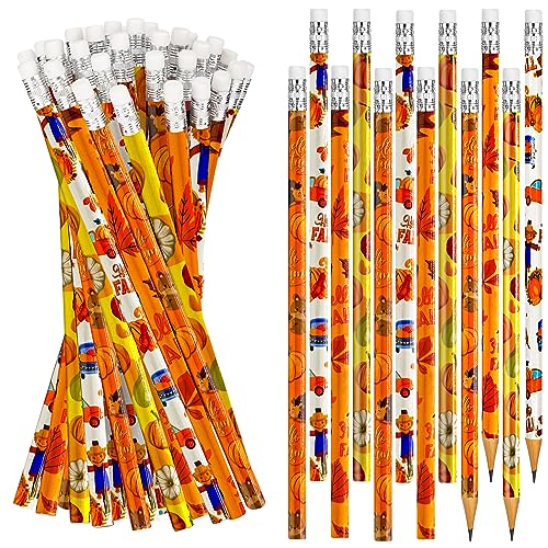 Cinrobiye 100 Pieces Fall Thanksgiving Day Pencils with Eraser Holiday Fall Maple Leaf Autumn Pumpkins Wood Scarecrow Acorns Pencils for Harvest School Party Gift Supplies - style: Fall