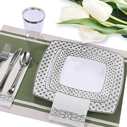 FOCUSLINE 175 Count Silver Dinnerware Set for 25 Guests, Disposable Square Plastic Plates with Diamond Rim, Includes 25 Dinner & Dessert Plates, Napkins, Cups, Cutlery Set for Wedding Parties - color: Silver Diamond Rim Plates