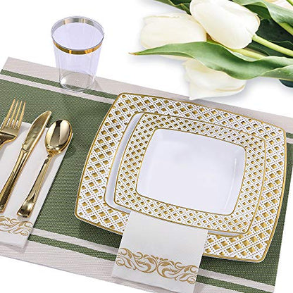 FOCUSLINE 175 Ct Gold Dinnerware Set for 25 Guests - Square Plastic Plates with Diamond Rim, Including 25 Disposable Dinner & Dessert Plates, Napkins, Cups, Cutlery - color: Gold Diamond Rim Plates