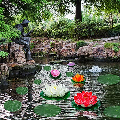 14Pcs Artificial Lily Pads and Artificial Lotus Flower | 9Pcs Fake Lily Pads, 5pcs Artificial Foam Lotus Flower for Pool Garden Koi Fish Pond Aquarium Wedding Decor - size: 11 inches, 6 inches