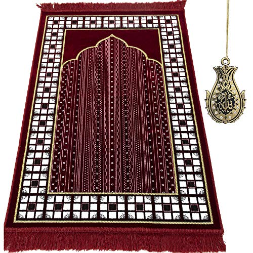 Modefa Prayer Mat - Thin Lightweight Velvet Turkish Muslim Prayer Rug - Prayer Rug Islam Men - Islamic Prayer Rug Sajjadah Prayer Mats Namaz Mat for Salah Islamic Gift Car Hanger - Vined Arch (Red) - color: Red