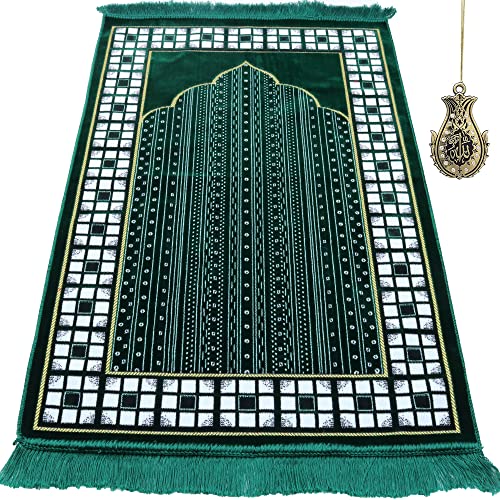 Modefa Prayer Mat - Thin Lightweight Velvet Turkish Muslim Prayer Rug - Prayer Rug Islam Men - Islamic Prayer Rug Sajjadah Prayer Mats Namaz Mat for Salah Islamic Gift Car Hanger - Vined Arch (Green) - color: Green