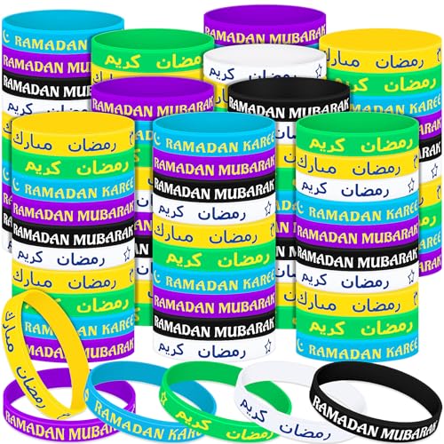 Landical 60 Pcs Eid Al Adha Silicone Bracelets Ramadan Mubarak Kareem Motivational Rubber Wristbands Colored Silicone Bracelets Muslim Gifts Ramadan Festival Party - style: Ramadan