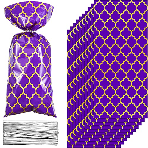 Tenare 100 Pcs Arabian Purple Gold Cellophane Treat Bags with Twist Ties Plastic Candy Goodie Gift Wrap Princess Arabian Nights Party Decorations for Halloween Bakery, Birthday, Wedding, Party Favors