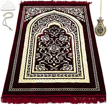Modefa Turkish Islamic Velvet Prayer Rug - Thick & Wide Soft Praying Carpet for Men & Women - Large Prayer Mat - Eid & Ramadan Gift - with Kufi Cap, Beads & Car Hanger - Double Plush (Floral Red) - color: Floral Arch - Red