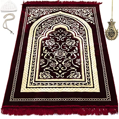 Modefa Turkish Islamic Velvet Prayer Rug - Thick & Wide Soft Praying Carpet for Men & Women - Large Prayer Mat - Eid & Ramadan Gift - with Kufi Cap, Beads & Car Hanger - Double Plush (Floral Red) - color: Floral Arch - Red