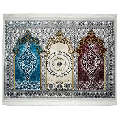 Modefa Muslim Prayer Rug - Wide Multi Person Plush Velvet Medallion 17-1 | For 3 People Praying Mat, Salah Group Carpet - color: Red / Beige