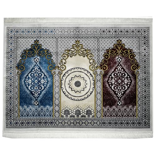 Modefa Muslim Prayer Rug - Wide Multi Person Plush Velvet Medallion 17-1 | For 3 People Praying Mat, Salah Group Carpet - color: Red / Beige