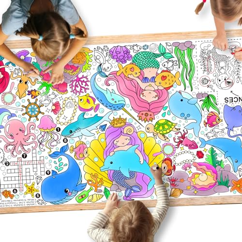 Gatherfun 인어 파티 자이언트 컬러링 포스터 - 80.9 x 182.9cm(31.5 x 72인치) - 다용도 교실 벽 장식 및 생일 활동 - 학교 파티 및 특별 이벤트를 위한 인어 포스터 또는 테이블 - style: 인어