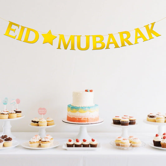 Eid Mubarak Banner - Moon Ramadan Kareem Party Decor - Baby Shower - Perfect Eid Gifts - Islamic Muslim Party Supplies - Mirror Gold