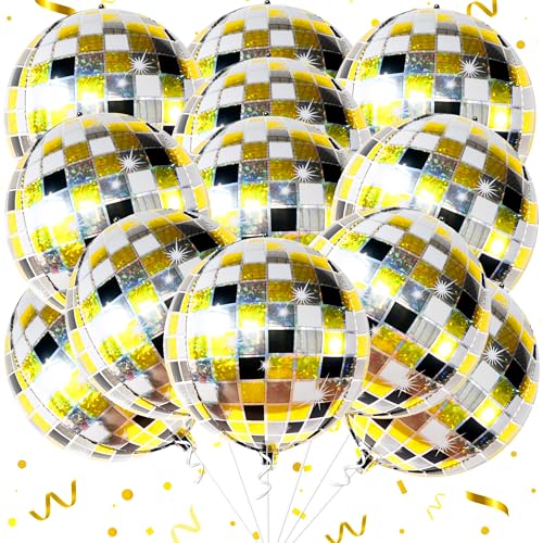 KatchOn, Shiny Disco Ball Balloons - Big 22 Inch, Pack of 12 | Foil Black and Silver Disco Balloons for Disco Ball Decor | Black and Gold Graduation Decorations | Bachelorette Party Decorations - color: Gold and Black