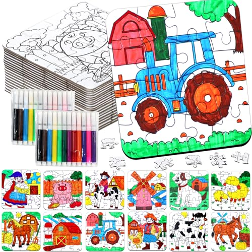 24 Sets Farm Animals Toddler Puzzles Ages 2-4 Bulk, Farm Party Favors Crafts DIY Paper Jigsaw Kit with Cow Dog Sheep, Fall Art Coloring Blank Puzzle for Classroom Gift Birthday Fun Games Toys Supplies - color: Farm Animals Colorful