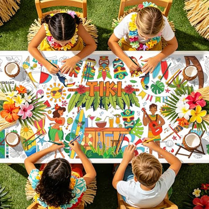 Gatherfun Hawaiian Luau Party 자이언트 컬러링 식탁보, 80.9 x 182.9cm(31.5 x 72인치), 하와이안 파티 장식, 티키 파티 장식, 학교 파티용 컬러링 테이블 커버 - style: TIKI