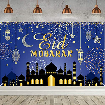 Large Eid Mubarak Party Decorations, Blue and Gold Ramadan Mubarak Backdrop Banner, Muslim Ramadan Banner Photo Booth Backdrop for Eid Mubarak Indoor and Outdoor Home Decor
