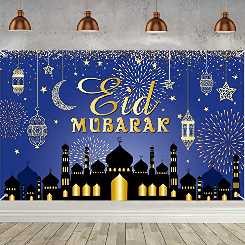 Large Eid Mubarak Party Decorations, Blue and Gold Ramadan Mubarak Backdrop Banner, Muslim Ramadan Banner Photo Booth Backdrop for Eid Mubarak Indoor and Outdoor Home Decor