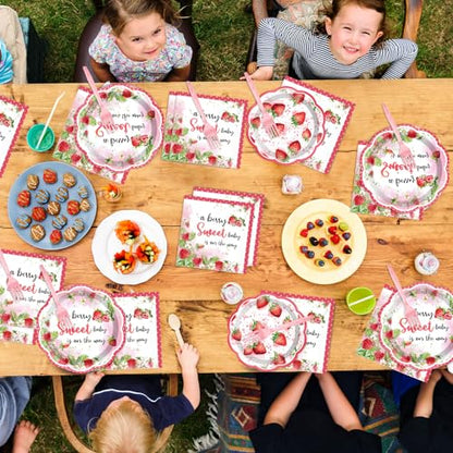 Qyeahkj 100 Pcs Strawberry Baby Shower Party Plates Napkins Forks Supplies Set Sweet Berry Tableware Party Supplies A Berry Sweet Baby Is On The Way Strawberry Dinnerware Decorations Favors Serve 25 - style: Strawberry Theme Baby Shower