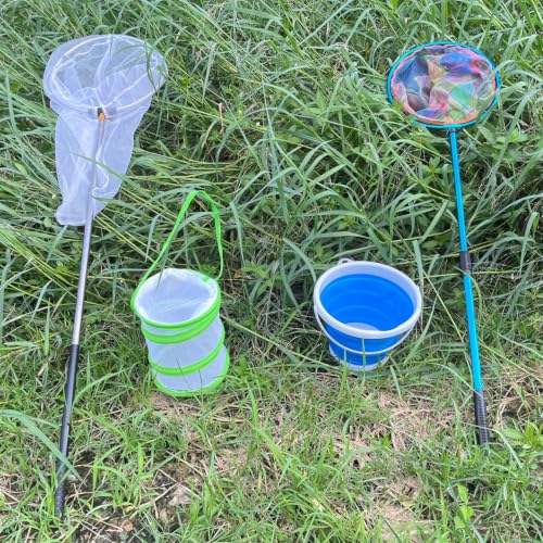 FishNetButterfly Net Insect Habitat Cage with FoldingBucketandTelescopic Handle forOutdoorCapturing of SmallFishShrimpButterflies - color: green