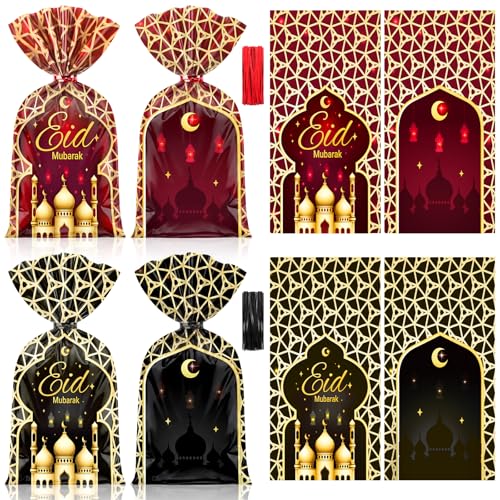 Yexiya 100 Pcs Eid Mubarak Gift Bags Reusable Plastic Ramadan Goodie Candy Treat Bags Islam Muslim Castle Moon Star Printed with Twist Ties for Eid Mubarak Gifts Party Decoration (Black and Red) - color: Black and Red