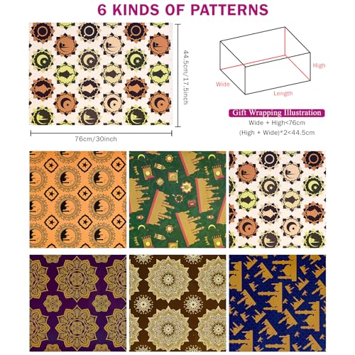 RUSPEPA Eid Wrapping Paper Sheets, Crescent Moon Mosque & Geometric Mandala Design, Religious Holiday Gift Wrap for Islam Ramadan, Eid al-Fitr, Muslim Celebrations, 6 Folded Sheets, 19.68 X 27.5 Inch - color: Eid al-Fitr