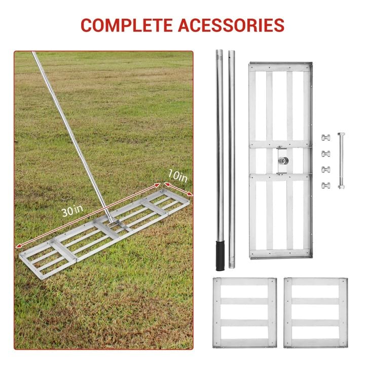 Garvee 30x10 Inch Stainless Steel Heavy Duty Lawn Leveling Rake – 72 Inch Long Handle, 180° Rotation, Topdressing and Landscape Rake for Lawns, Gardens, Farms, Golf Courses, Pastures – Easy Attachment - size: 30in
