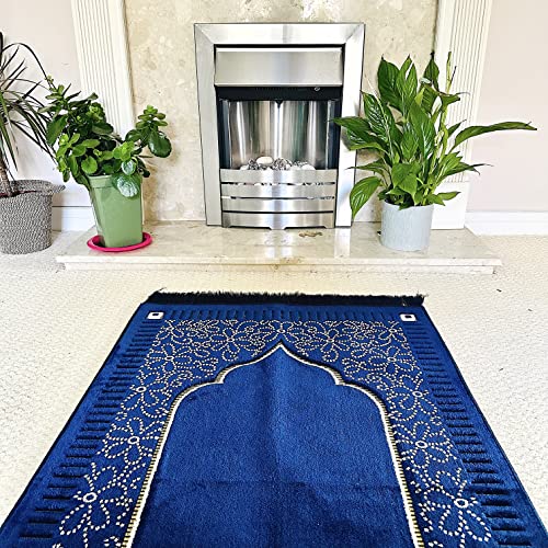 Mihrab Patterned Original Luxury Velvet Prayer Mat/Rug- 750g Weight | Made in Turkey (Navy Blue) - color: Navy Blue