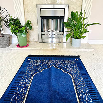 Mihrab Patterned Original Luxury Velvet Prayer Mat/Rug- 750g Weight | Made in Turkey (Navy Blue) - color: Navy Blue
