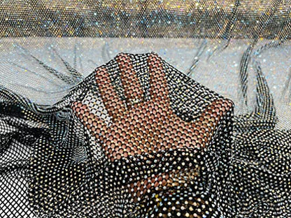 New Creations Fabric & Foam Inc, 45" Wide AB Iridescent Rhinestone On Soft Stretch Fish Net Fabric by The Yard (1 Yard, Iridescent Rhinestones on Black Mesh) - color: Iridescent Rhinestones on Black Mesh