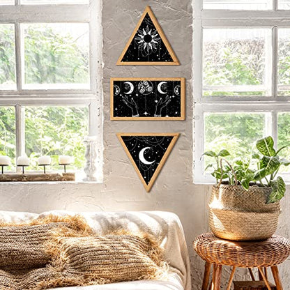 Qunclay 3 Pieces Boho Wall Decor Moon Phase Wall Decor Sun and Moon Minimalist Decorations Wooden Gothic Aesthetic Art Hanging Farmhouse Rustic Pediments for Living Room Home Bedroom Bathroom