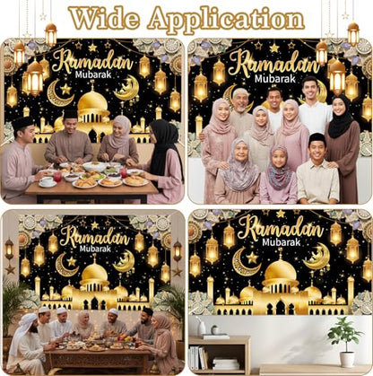 Eid Mubarak Backdrop Banner, Black and Gold Ramadan Mubarak Background Banner, Glittering Lantern Moon Star Night Backdrop for Wall Photo Background Home Muslim Eid Mubaraks Party Decorations Supplies
