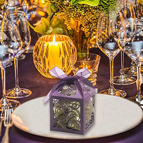 KPOSIYA 70 Pack Wedding Favor Boxes Laser Cut Boxes Party Favor Box Small Gift Boxes Lace Candy Boxes for Wedding Bridal Shower Baby Shower Birthday Party Anniverary with Ribbons (Purple, 70) - color: Purple 70