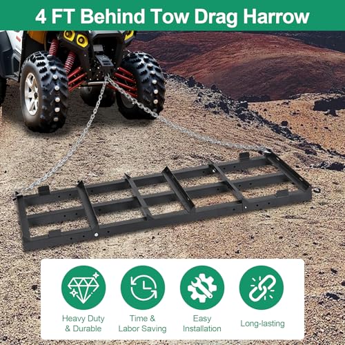 Drag Harrow Driveway Grader 4 FT with 4 FT Chain | Driveway Drag for Gravel, Tow Behind Lawn Rake for ATV, UTV, Tractor, Land Leveler for Gravel, Sand, Soil - size: 4 FT
