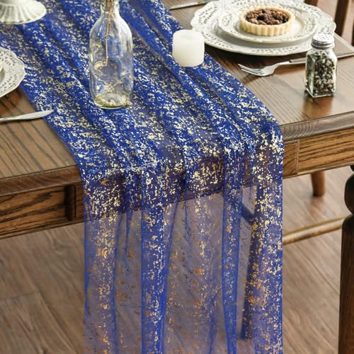 Artoid Mode Blue Gold Gauze Table Runner 120 Inch 10FT, Glitter Metallic Foil Sheer Dining Wedding Anniversary Holiday Table Decor for Home Party - color: Blue, size: 28" x 120"