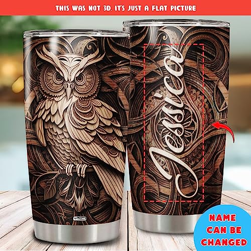 WAZONE Personalized Owl Tumbler Insulated Cup With Lid Wooden Drawings 20oz 30oz Stainless Steel Coffee Travel Mug Custom Name Customized Gifts Themed Animal For Men Women Teen Owls Lover - color: Owl