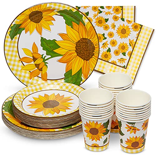 ROYAL BLUEBONNET Sunflower Party Supplies - Set of 24, 9'' Dinner Plates, 7'' Salad/Dessert Plates, 8 oz Cups, 3-ply Napkins, Yellow, Food Safe, Disposable, 400 GSM - style: Sunflower