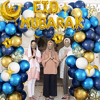 Balloon Arch Kit, 105 Pcs Blue and Gold Ramadan Mubarak Decorations - Eid Party Supplies for Home, Garden, Indoor and Outdoor Decorations
