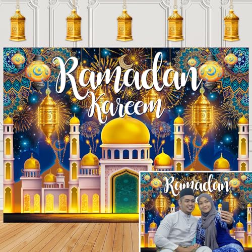 Ramadan Kareem Backdrop Banner Ramadan Mubarak Decorations Backdrop Eid Mubarak Photography Background for Muslim Al Fitr Party Decor Supplies (7x5FT（210x150cm）)