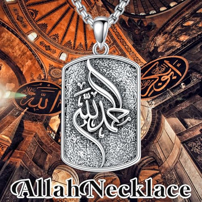 Allah Necklace 925 Sterling Silver Islamic Muslim Necklace Arabic Calligraphy Allah Dog Tag Pendant Islamic Jewelry gifts for Men Women - style: Allah-Alhamdulillah