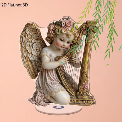 YLUYINOM 2D Flat Acrylic Display Plaque, Delicate Cherub with Golden Wings Playing A Harp Adorned with Pink Roses and Intricate Details. Rotatable, with Base - color: Picture 17